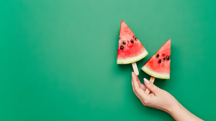 Creative summer concept with two watermelon slices on popsicle sticks in female hand on green background. Perfect for refreshing food visuals, healthy eating, summer branding, and playful design