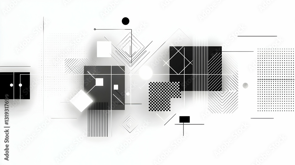 Poster abstract black and white geometric composition with squares lines and dots on white background moder
