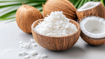 Beautiful composition of coconuts and coconut oil displayed elegantly in bowls featuring coconut milk dessert
