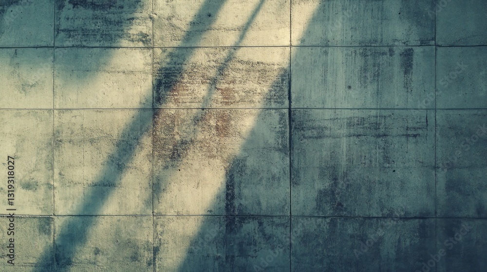 Aufkleber Shadows cast on a weathered concrete wall create a striking abstract design during the late afternoon light. The textures and patterns evoke a sense of urban minimalism