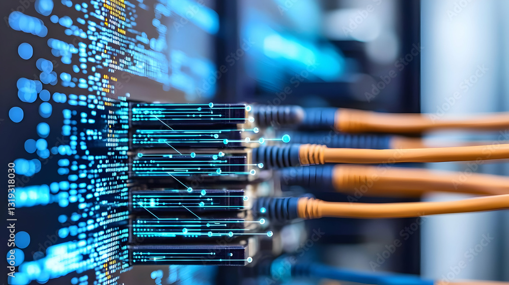 Poster close up view of server rack with cables and illuminated electronic components displaying network an