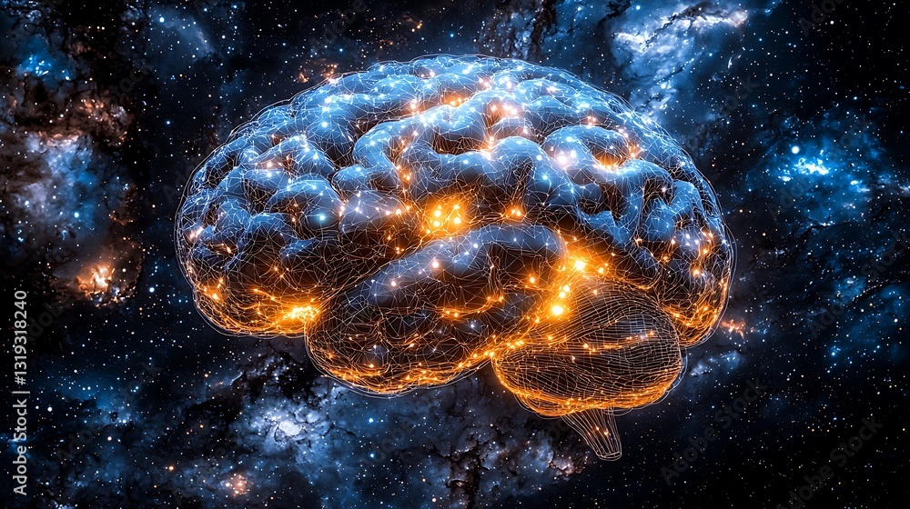 Poster Human Brain Neural Network in Space 3D Rendering