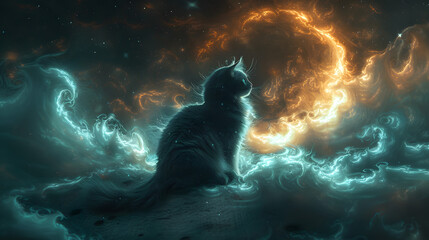 Obraz premium A serene cat gazes at a cosmic scene filled with colorful nebulae and swirling clouds in space