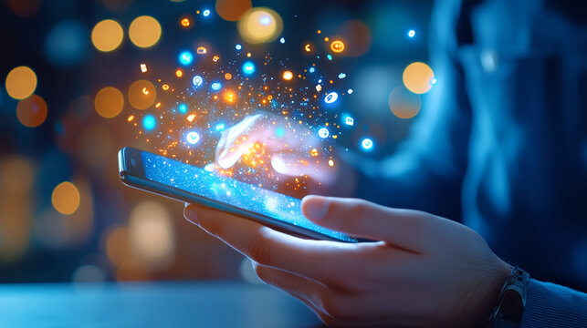 A person is using a smartphone with fingers touching the screen, surrounded by a blur of colorful lights in the background. The atmosphere suggests nighttime exploration of digital content