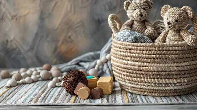 Soft plush bears sit in a woven basket alongside colorful wooden blocks and decorative elements, creating a cozy and inviting atmosphere
