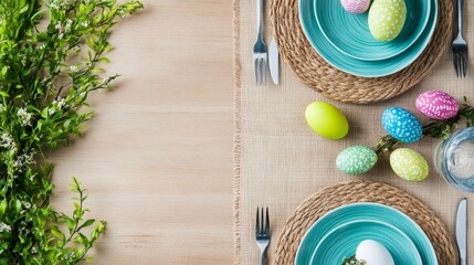 Beautifully arranged Easter table setting with colorful decorated eggs and fresh spring greenery on a wooden surface
