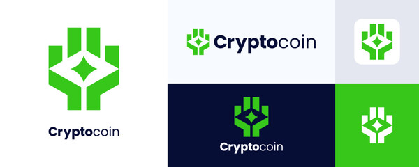 Crypto coin blockchain logo icon design, Vector digital money icon, Crypto currency logo template, Crypto logo design integrated with hand sign for, Simple modern symbol concept for cryptography.