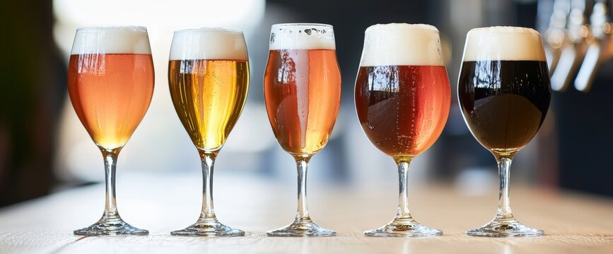 Row of different types of beer displaying craft beer selection for enthusiasts and culinary exploration