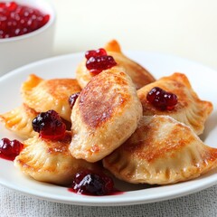 Plate of delicious pierogies topped with cranberry sauce creating a unique and flavorful dessert experience to enjoy