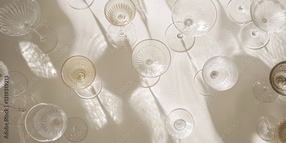 Poster elegant shadow play: a sophisticated collection of delicate glassware is suspended, casting intricat