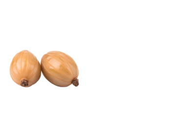 Two gooseberries, light amber color, smooth surface with longitudinal lines, brown stem ends. Isolated against black.