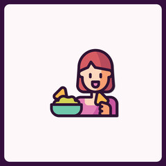 Cartoon woman enjoying nachos with guacamole dip, casual snack icon