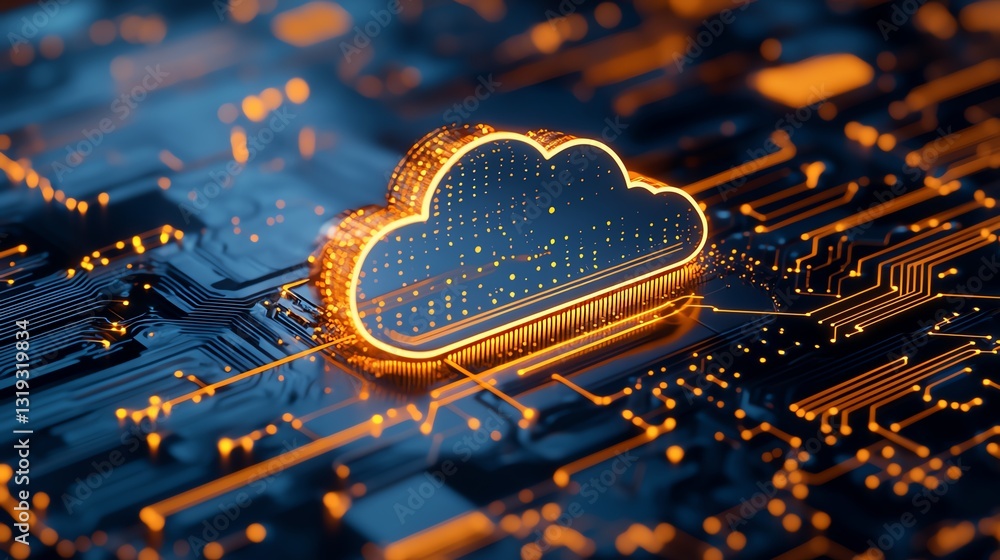 Poster Cloud symbol above a stylized chip representing the concept of secure cloud computing