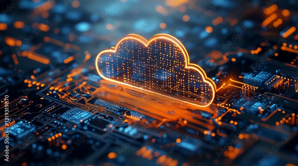 Poster Cloud symbol above a stylized chip representing the concept of secure cloud computing