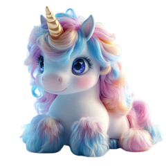 Fluffy 3D Cartoon Unicorn with Rainbow Mane Isolated on Transparent Background