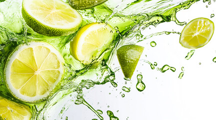 Slices of lemons and limes splash through green liquid, creating a dynamic and refreshing visual effect against a white background.