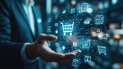 A businessman touches symbols for online buying and e-commerce, which represent how technology is transforming business. Perfect for topics related to digital economy and online marketing. 
