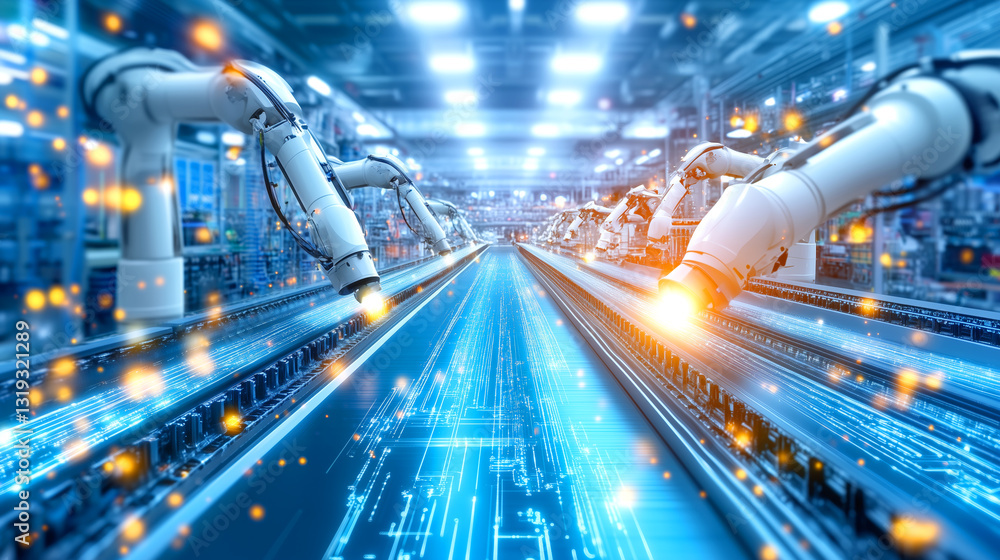 Aufkleber in a cutting-edge manufacturing facility, robotic arms efficiently handle tasks along a high-tech pr