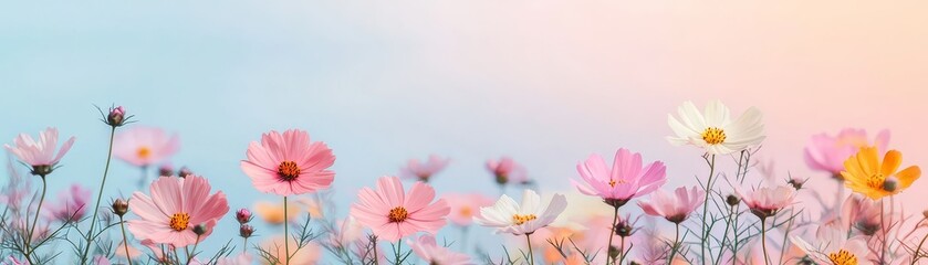 A vibrant field of colorful flowers under a soft sky, creating a serene and cheerful atmosphere.