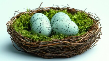 Obraz premium Four light teal speckled eggs nestled in a shallow bird's nest, atop moss
