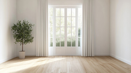 Obraz premium Minimalist interior with large windows, natural light, and potted plant
