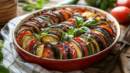 An exquisite Ratatouille dish, beautifully arranged with layers of zucchini, eggplant, and tomato, topped with fragrant basil, exuding warmth and a rustic charm perfect for sharing
