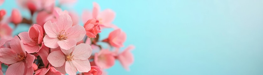Obraz premium Delicate pink cherry blossoms against a soft blue background, creating a serene and vibrant spring atmosphere.