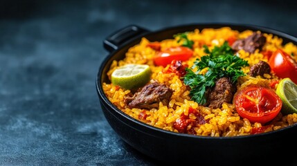 Fototapeta premium Hearty bowl of spanish rice featuring juicy meat and fresh tomatoes for a flavor-packed meal experience