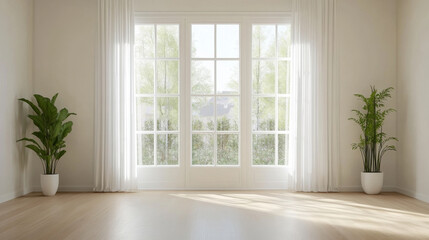 Fototapeta premium bright and airy room featuring large windows with natural light, two potted plants, and minimalist design. serene atmosphere invites relaxation and tranquility