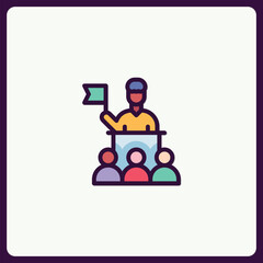 Illustrated icon depicting a speaker addressing an audience with a flag
