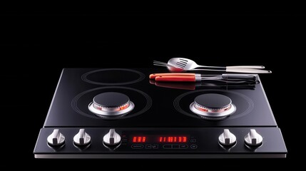 Fototapeta premium Black Glass Top Gas Stove with Four Burners and Silver Controls