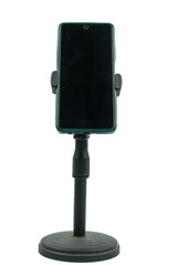 mobile phone mounted on monopod ready to stream online, isolated on white background