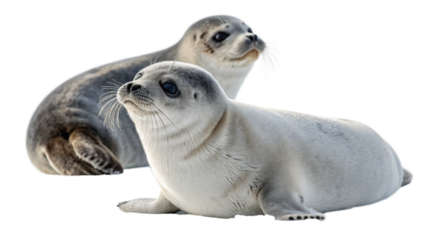 A close-up portrait of a seal pup with big, curious eyes, isolated on a white background