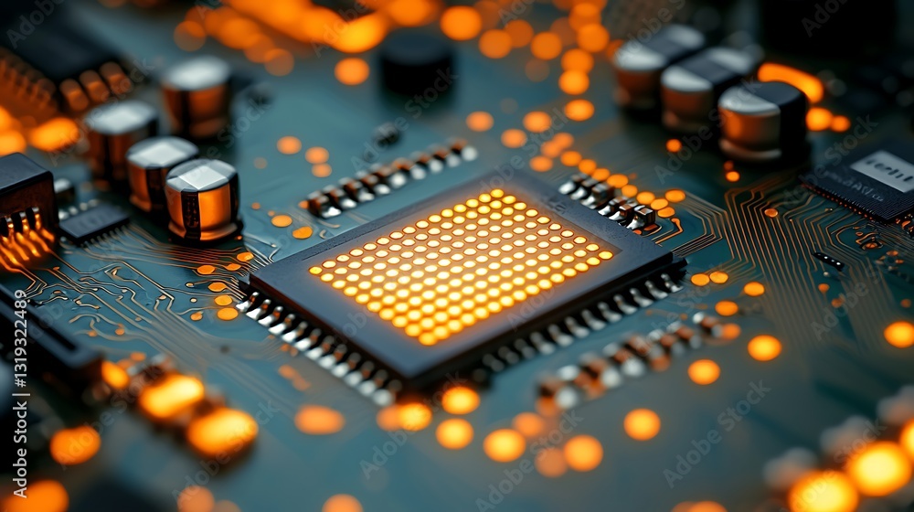 Poster illuminated circuit board processor closeup