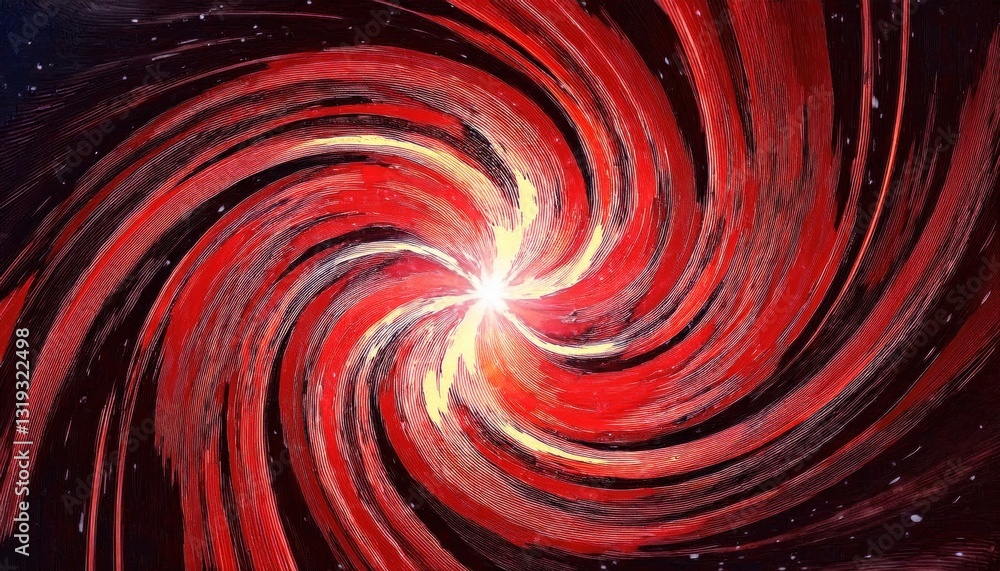 Poster glowing red cosmic vortex with swirling galactic energy, fiery spiral nebula radiating light in deep space, celestial turbulence


