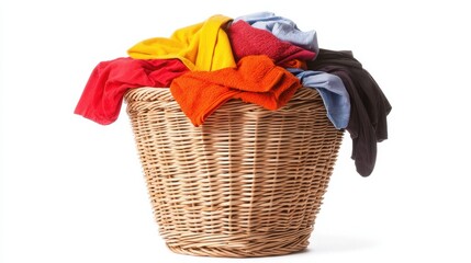 Colorful Laundry in a Wicker Basket Against White Background