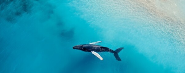 Obraz premium A large whale gracefully swimming near the shallow turquoise ocean water