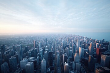 Fototapeta premium aerial view of sprawling megacity at dusk skyscrapers glistening as they catch last light of day intricate web of streets