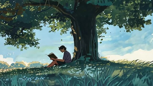 Kinder lesen gemeinsam unter einem gro&szlig;en Baum im Gr&uuml;nen