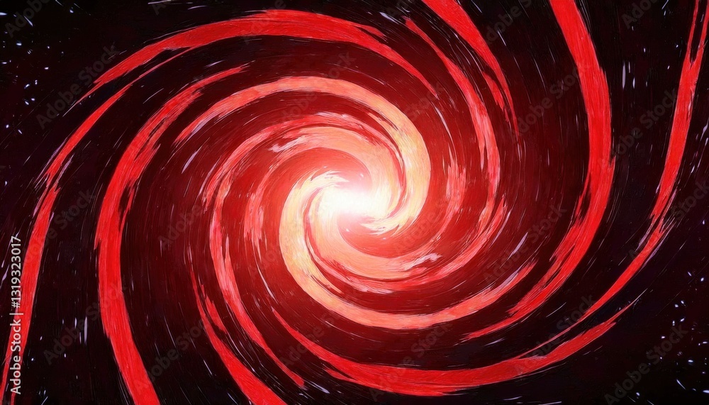 Poster glowing red cosmic vortex with swirling galactic energy, fiery spiral nebula radiating light in deep space, celestial turbulence

