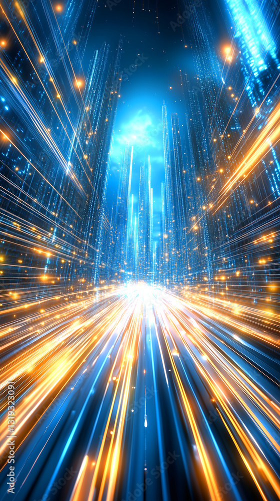 Poster bright streams of light illuminate a futuristic city, creating an illusion of rapid movement. blue a