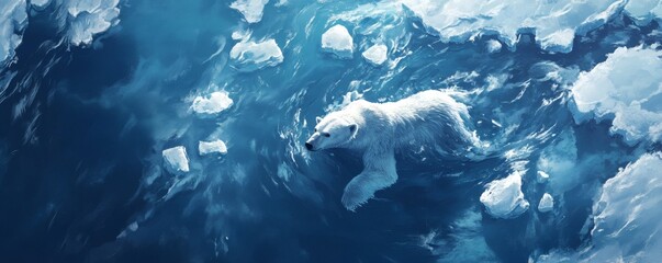 A majestic white bear swims among the icy water and glaciers
