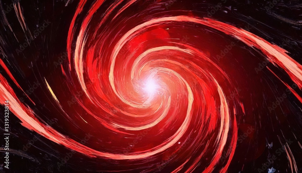 Poster glowing red cosmic vortex with swirling galactic energy, fiery spiral nebula radiating light in deep space, celestial turbulence

