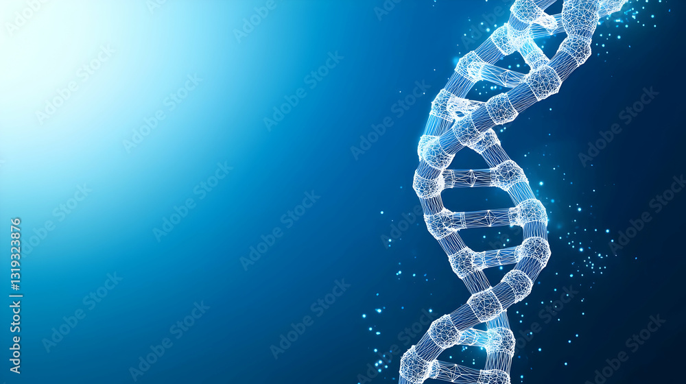 Poster abstract blue dna helix structure with glowing particles on gradient background depicting scientific