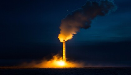 Industrial chimney emitting smoke at night, casting an eerie glow amidst the darkness, highlighting the issue of smoke and air pollution in urban environments.