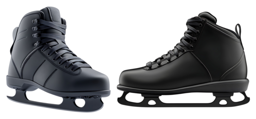 Pair of black ice skates, side view.