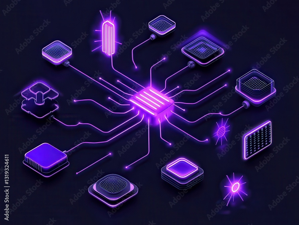 Poster futuristic digital circuitry with glowing components and abstract design elements