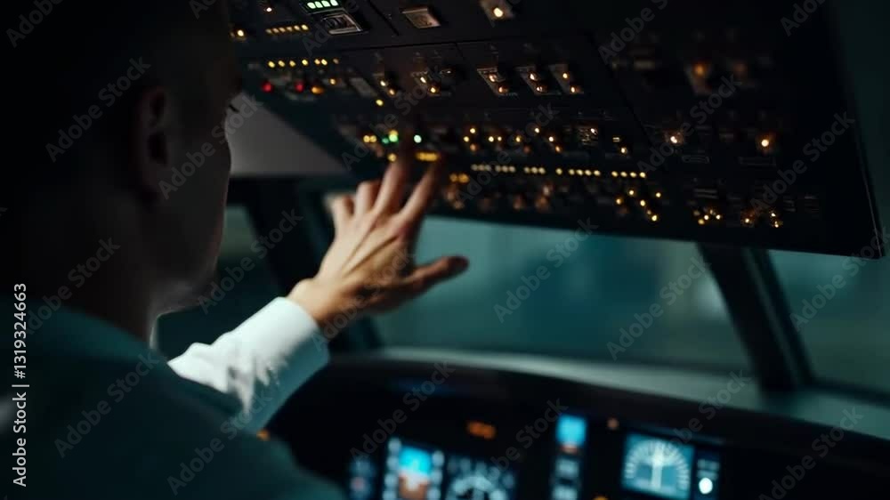 Poster the man in the cockpit reaches for the control panel above his head. the panel is filled with many b