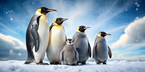 Obraz premium A Majestic Penguin Family Portrait on a Snowy Landscape Under a Serene Winter Sky