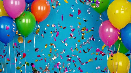 Vibrant balloons and colorful confetti against bright blue background. Festive and joyful backdrop for celebration birthday and party - Powered by Adobe